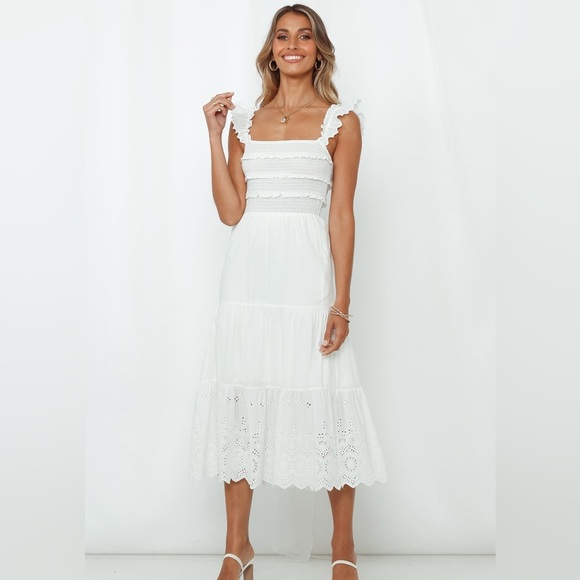 Hello Molly Dresses & Skirts - Hello Molly Let Me Fall in Love White Boho Eyelet Ruffle Midi Dress | Small